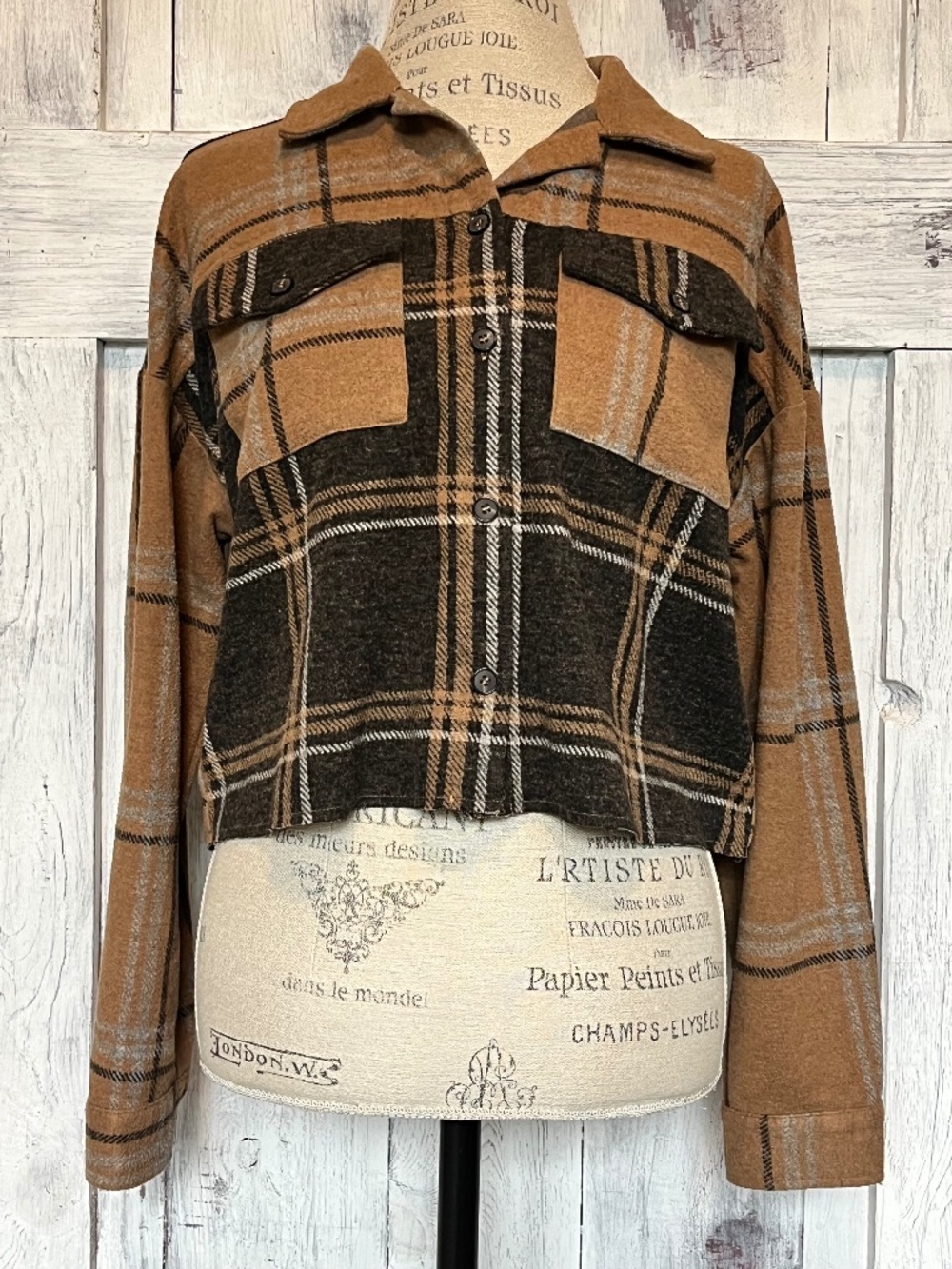 Blue B Collection-Women's-Neutral Plaid Crop Top-Button Down Shirt-Size M
